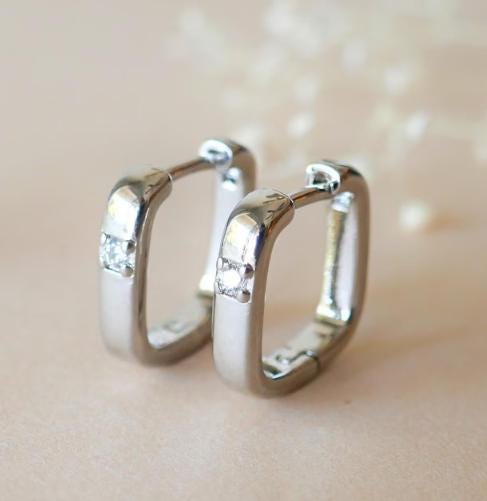 Silver Square Huugie Earrings, Hoop Earrings, 925 Earrings,Minimalist Earrings. Simple earrings, Gift for her, Gift For Her