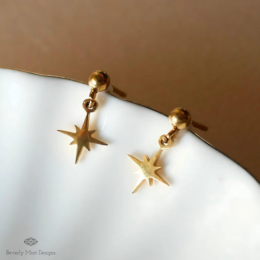 Gold Star Dangle Earrings ,Minimalist Drop Earrings for Women, Starburst Earrings , Everyday Dainty Celestial Jewelry, Dainty Drop Studs