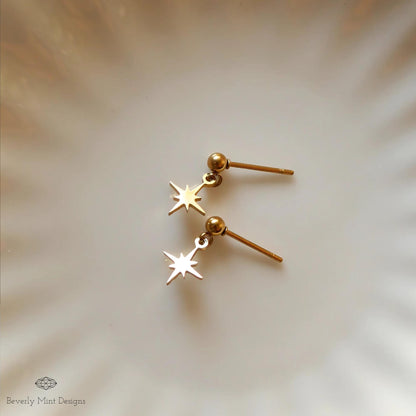 Gold Star Dangle Earrings ,Minimalist Drop Earrings for Women, Starburst Earrings , Everyday Dainty Celestial Jewelry, Dainty Drop Studs
