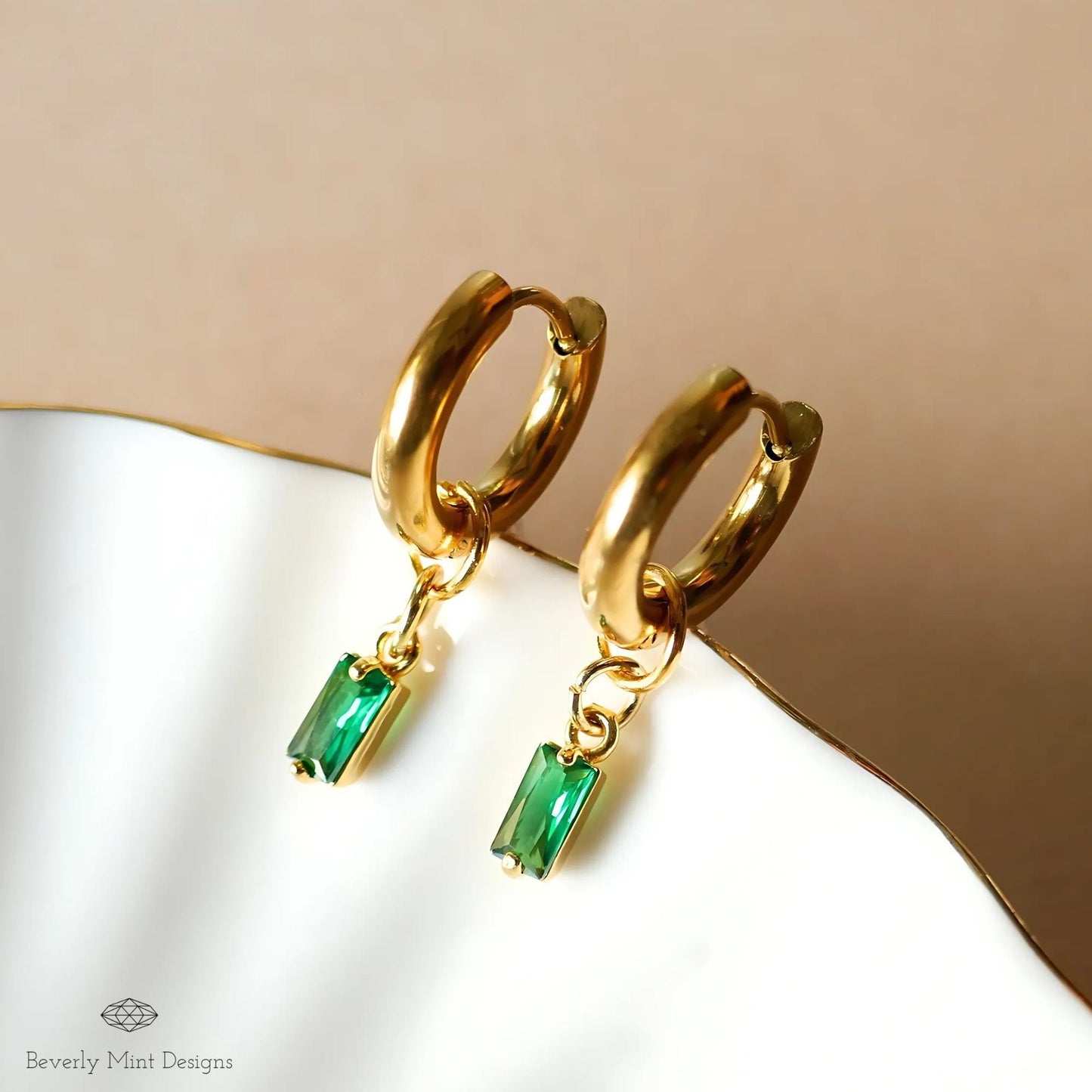 Chunky Gold Hoop Earrings, Green Gemstone Drop Earrings, Dainty Huggie Hoops, Minimalist Gold Jewelry for Women, Lightweight Gift for Her