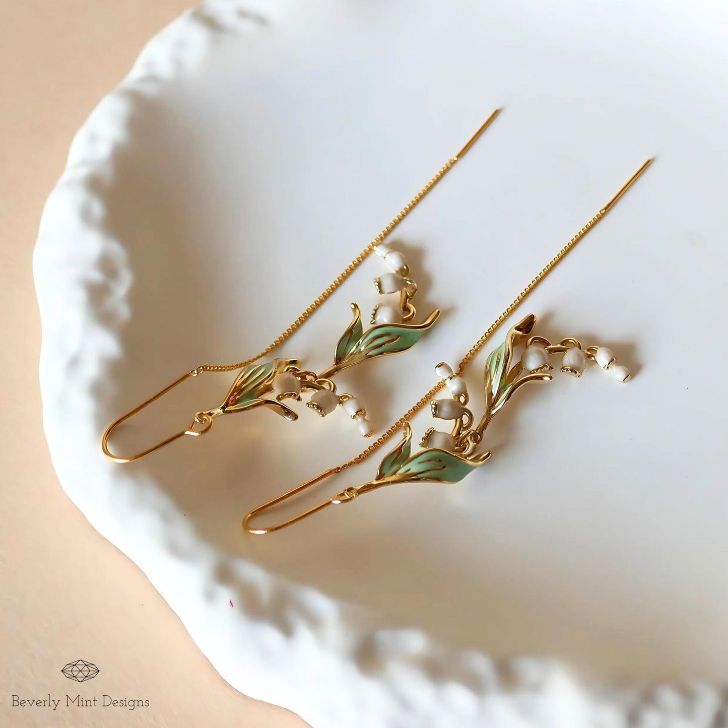 Lily Of The Valley Earrings, Gold Floral Dangle Earrings,Birth Flower for May, Nature-Inspired Jewelry, Botanical Long Earrings, Gift