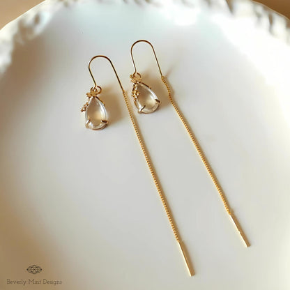 Gold Threader Earrings, Teardrop Dangle Earrings, Floral Long Chain Earrings, Minimalist Jewelry for Women, Gift for Her, Gift For Her