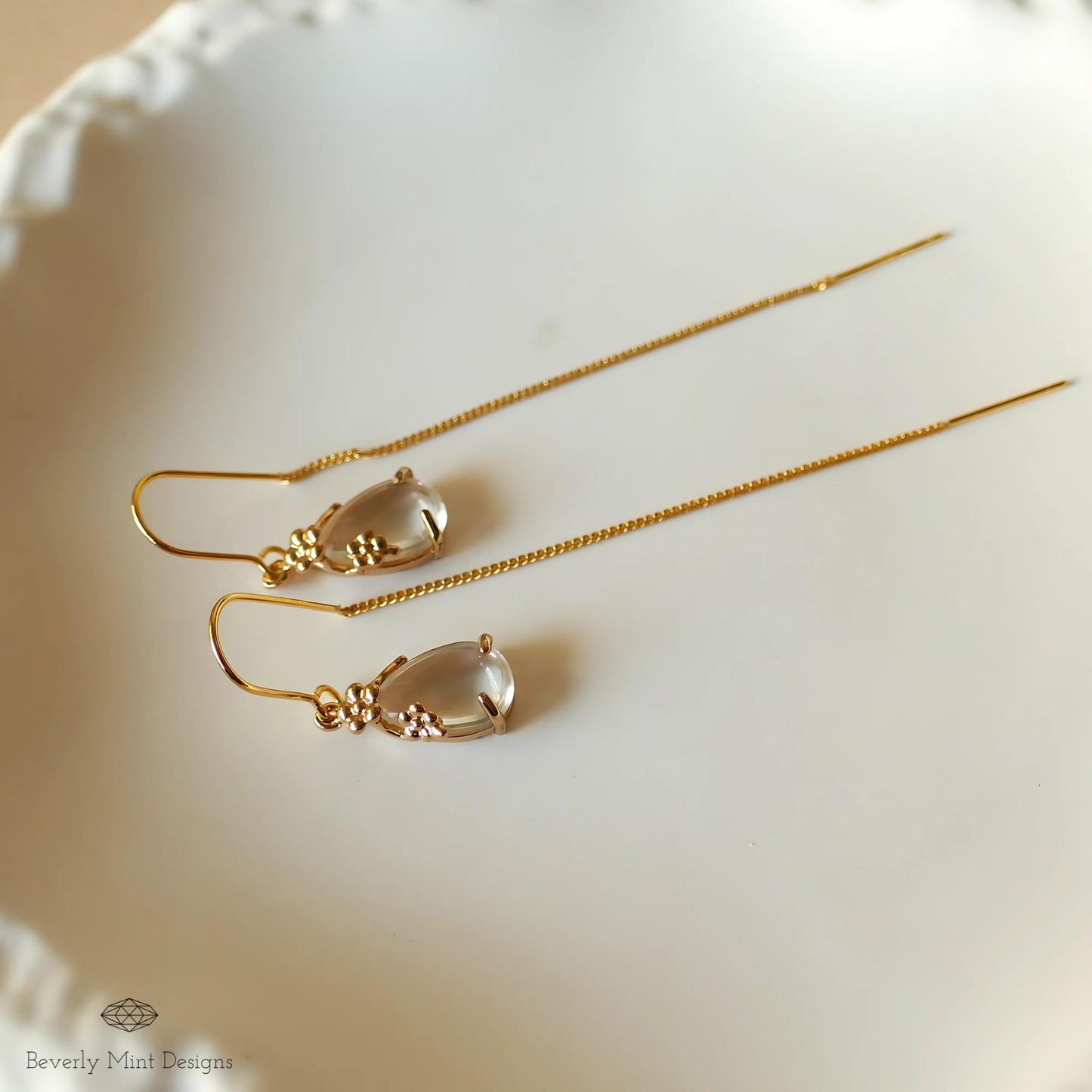 Gold Threader Earrings, Teardrop Dangle Earrings, Floral Long Chain Earrings, Minimalist Jewelry for Women, Gift for Her, Gift For Her