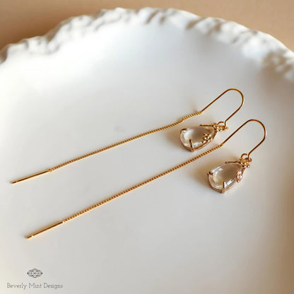 Gold Threader Earrings, Teardrop Dangle Earrings, Floral Long Chain Earrings, Minimalist Jewelry for Women, Gift for Her, Gift For Her