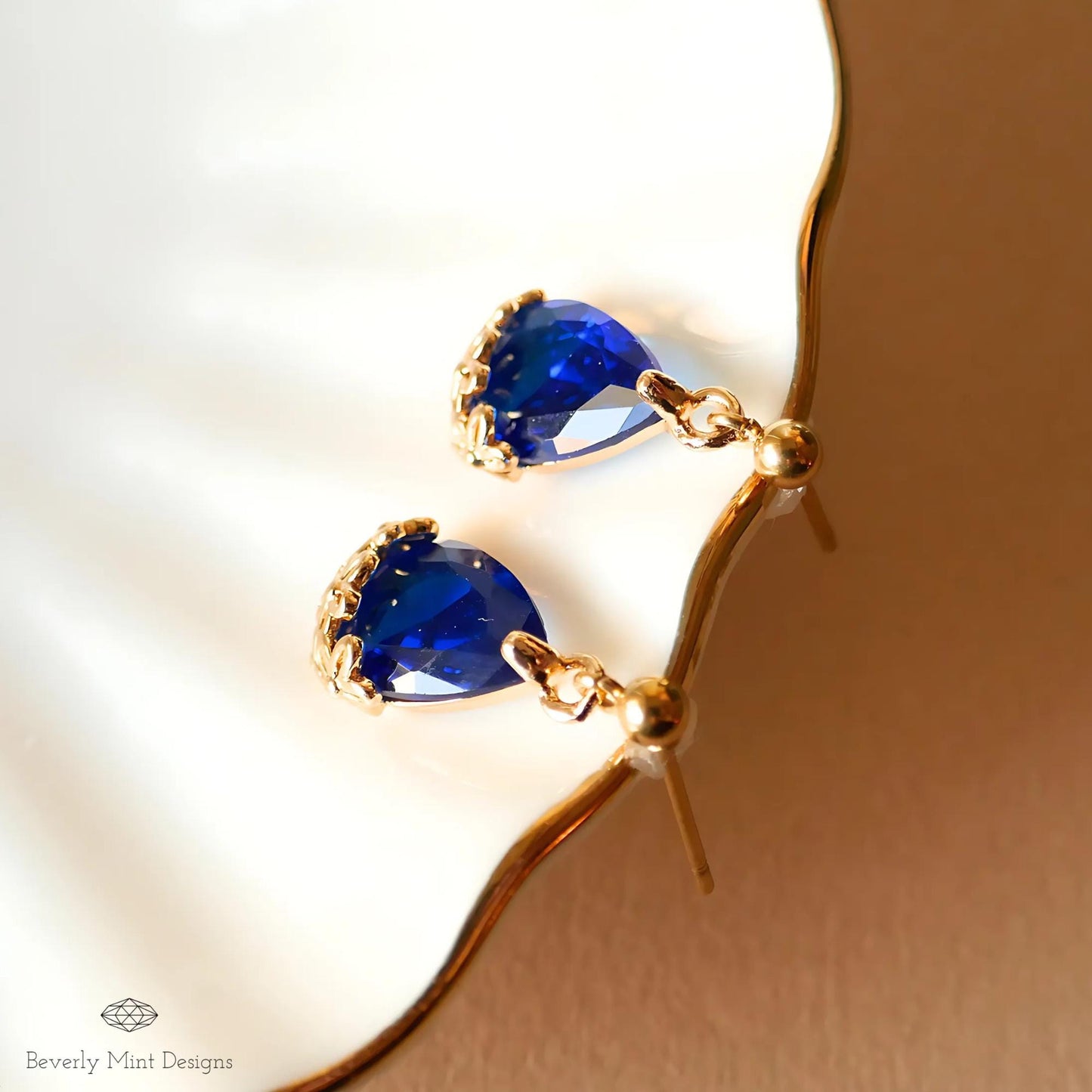 Gold Blue Teardrop Earrings, Floral Crystal Stud Earrings, Elegant Minimalist Jewelry for Women, Wedding Earrings, Something Blue Earrings