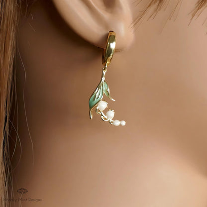 Huggie Floral Earrings, Gold Lily Of The Valley Dangle Earrings, Birth Flower for May,  Nature-Inspired Jewelry, Botanical Earrings, Gift