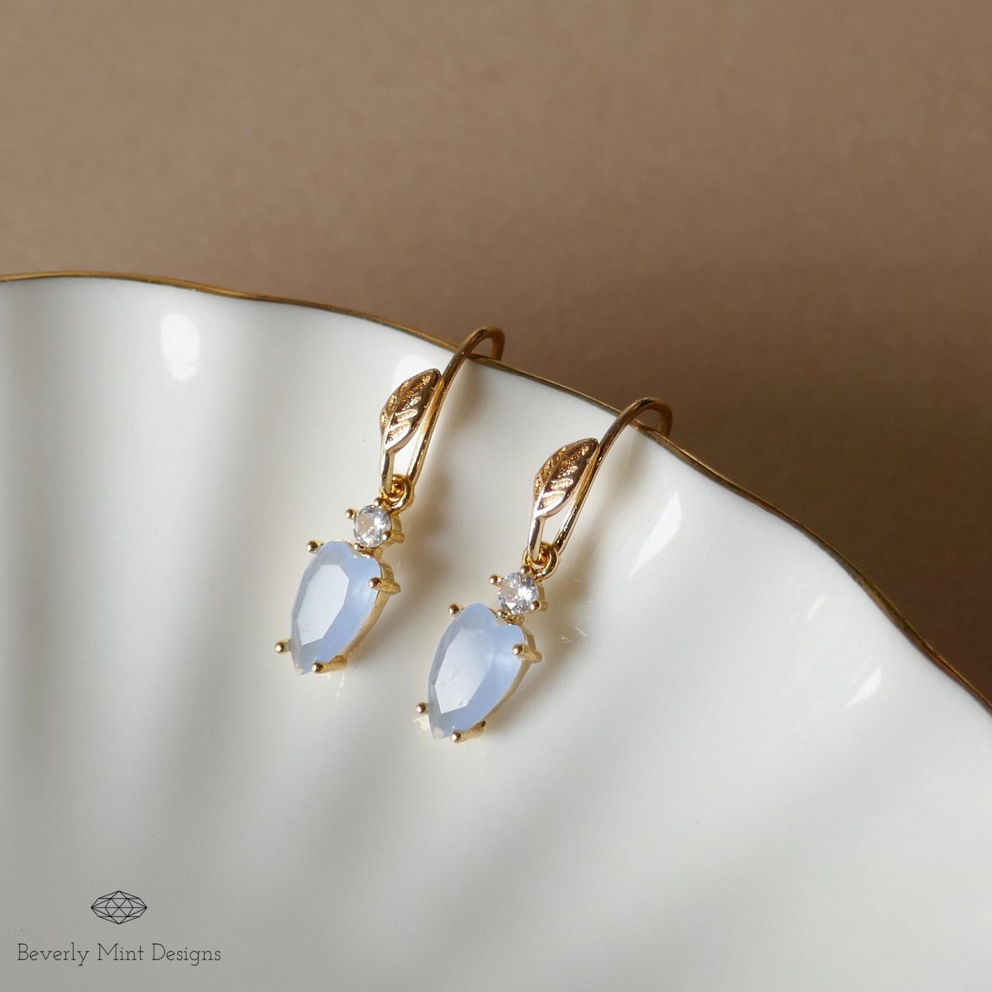 Blue Earrings, Tiny Leaf Earrings with Pale Blue Stone, Nature-Inspired Minimalist Jewelry, Elegant Gift for Her, Gift For Her