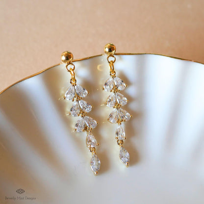 18K Gold Dangle Stud Earrings with Sparkling Zircon, Leaf Earrings, Dangle and Drop Earrings, Bridal Jewelry, Wedding Gift, Bridesmaids gift