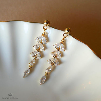 18K Gold Dangle Stud Earrings with Sparkling Zircon, Leaf Earrings, Dangle and Drop Earrings, Bridal Jewelry, Wedding Gift, Bridesmaids gift