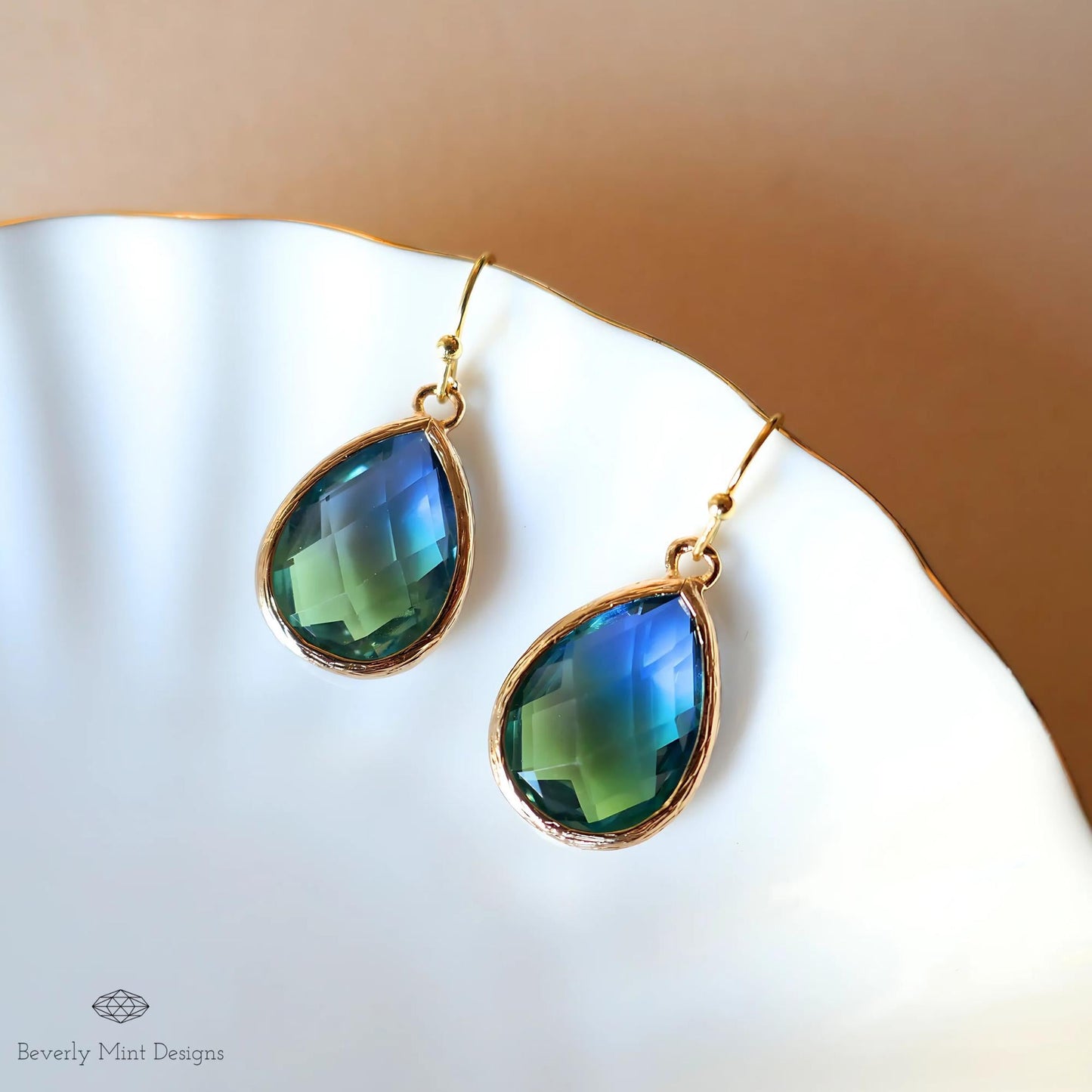 Blue and Green Teardrop Earrings, Blue Ombre Gemstone Drop Earrings, Elegant Teardrop Earrings, Handmade Gradient Crystal Drop Earrings