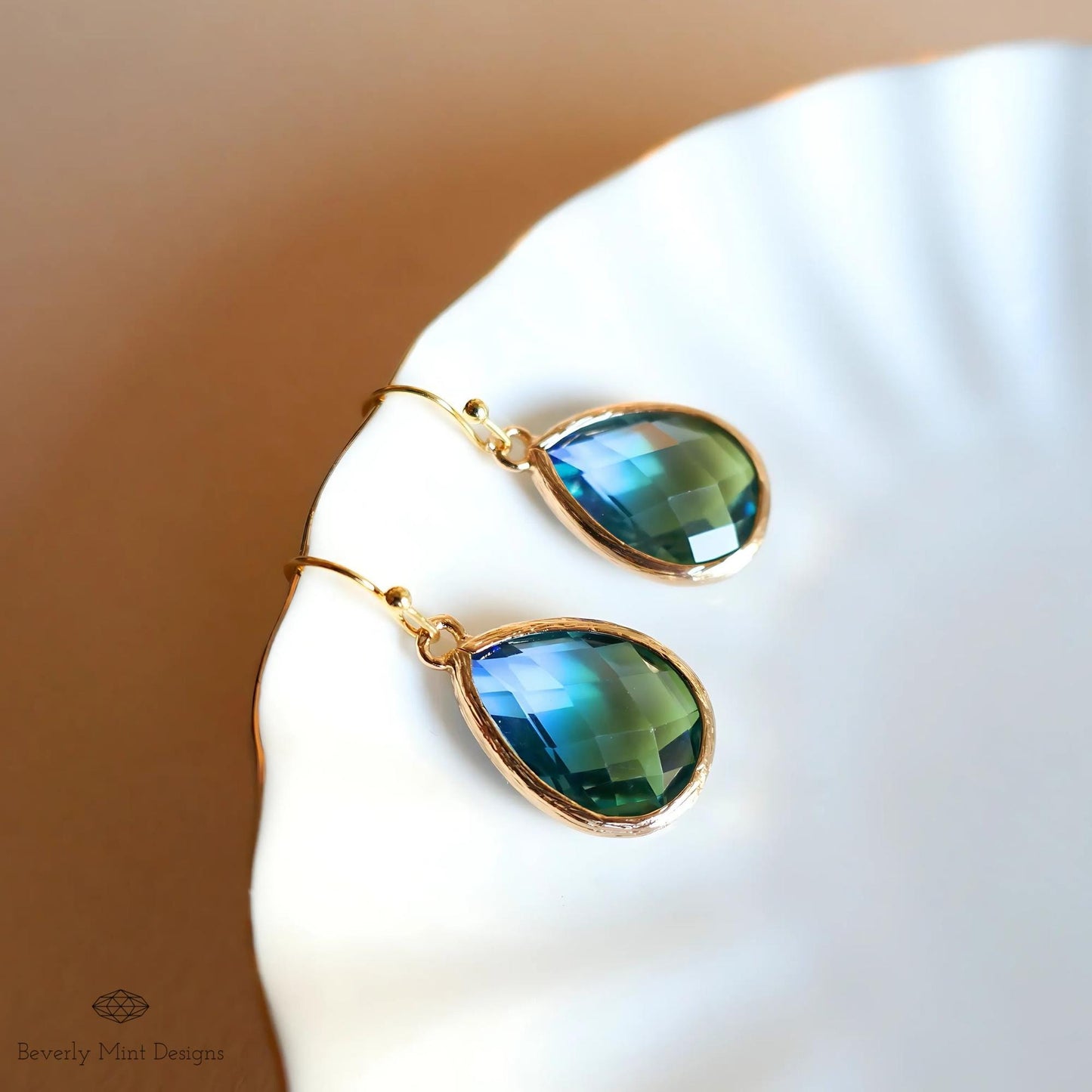 Blue and Green Teardrop Earrings, Blue Ombre Gemstone Drop Earrings, Elegant Teardrop Earrings, Handmade Gradient Crystal Drop Earrings