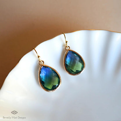 Blue and Green Teardrop Earrings, Blue Ombre Gemstone Drop Earrings, Elegant Teardrop Earrings, Handmade Gradient Crystal Drop Earrings