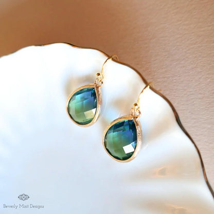 Blue and Green Teardrop Earrings, Blue Ombre Gemstone Drop Earrings, Elegant Teardrop Earrings, Handmade Gradient Crystal Drop Earrings