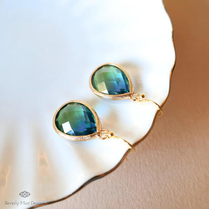 Blue and Green Teardrop Earrings, Blue Ombre Gemstone Drop Earrings, Elegant Teardrop Earrings, Handmade Gradient Crystal Drop Earrings