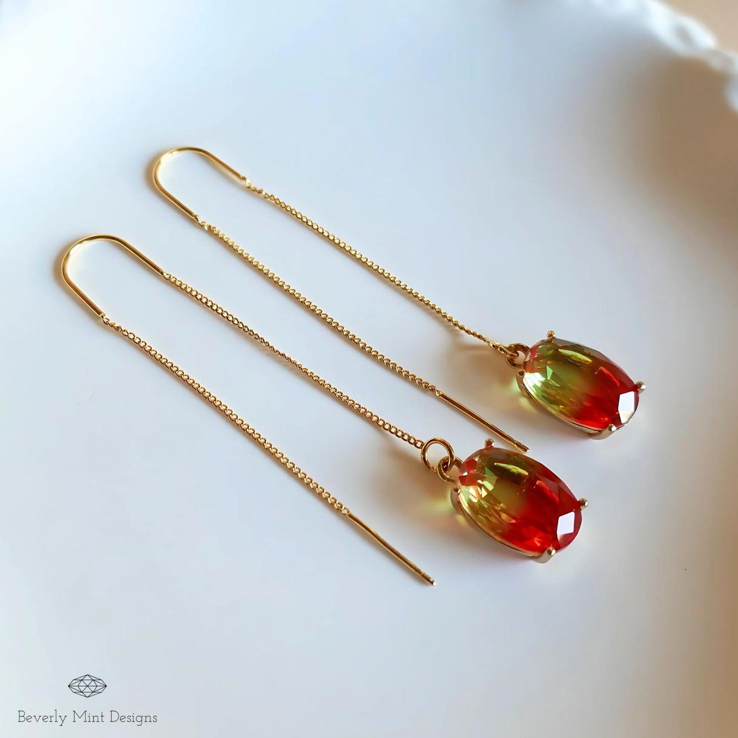 Gradient Red and Yellow Crystal Earrings, Orange Ombre Earrings , Handmade Elegant Threader Earrings, Long Gold Dangle Earrings for Women