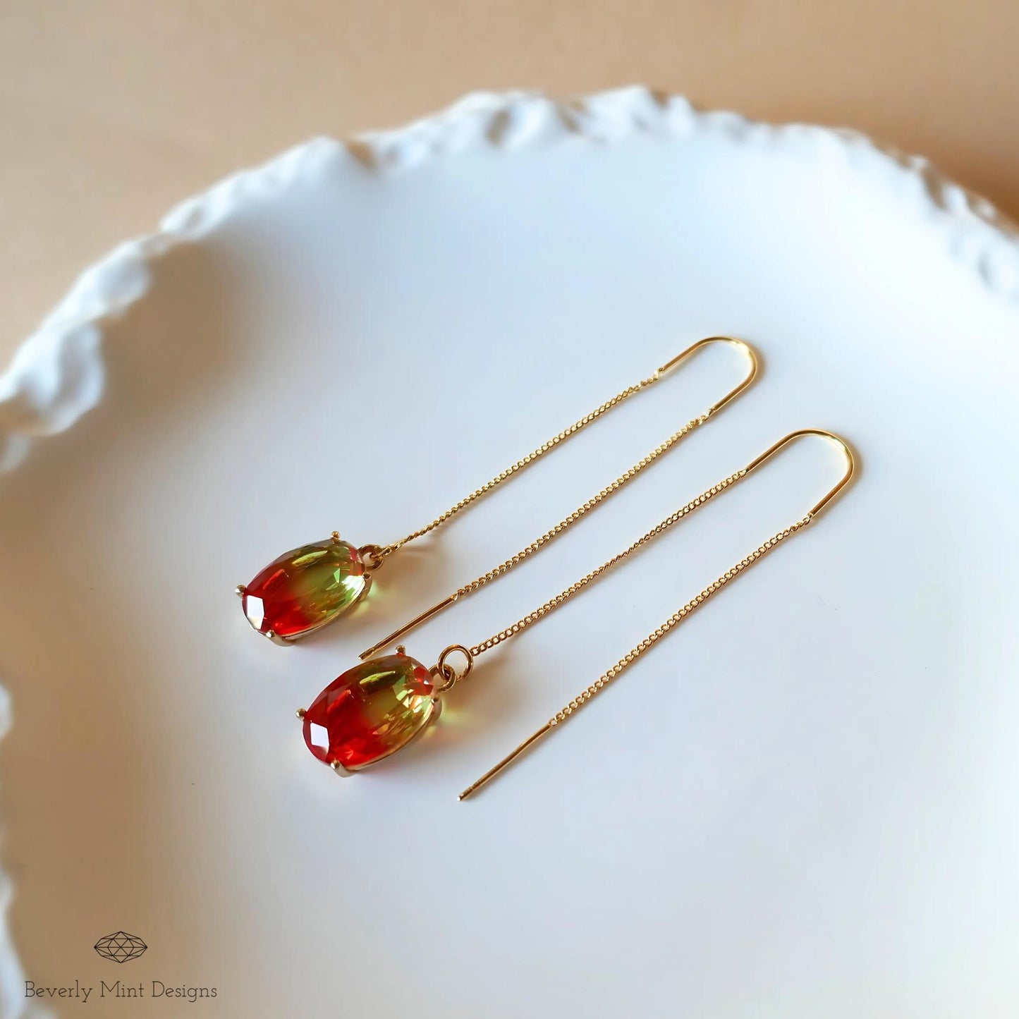 Gradient Red and Yellow Crystal Earrings, Orange Ombre Earrings , Handmade Elegant Threader Earrings, Long Gold Dangle Earrings for Women