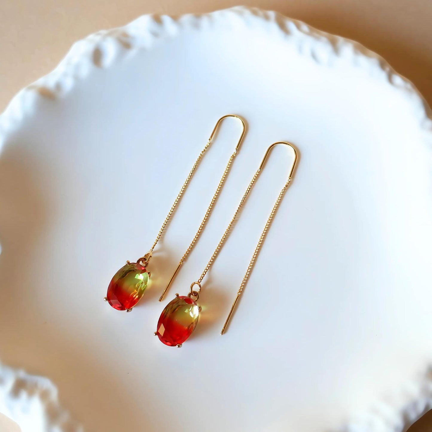 Gradient Red and Yellow Crystal Earrings, Orange Ombre Earrings , Handmade Elegant Threader Earrings, Long Gold Dangle Earrings for Women