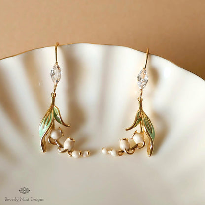 Floral Dangle Earrings, Gold Lily Of The Valley Earrings, Birth Flower for May,  Nature-Inspired Cubic Zirconia Jewelry, Botanical Earrings