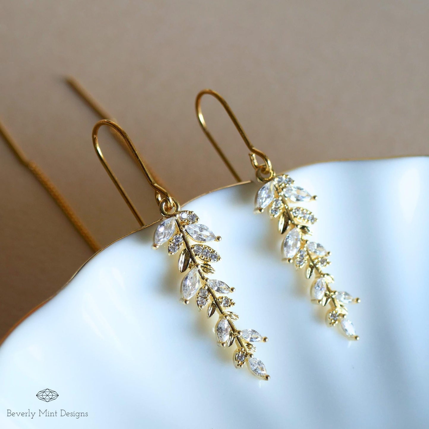Gold Threader Earrings with Crystal Leaf Design, Sparkling Dangle Earrings with Zircon, Elegant Long Drop Earrings, Bridal Jewelry
