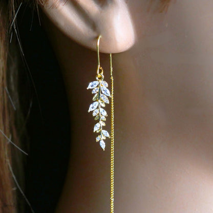 Gold Threader Earrings with Crystal Leaf Design, Sparkling Dangle Earrings with Zircon, Elegant Long Drop Earrings, Bridal Jewelry