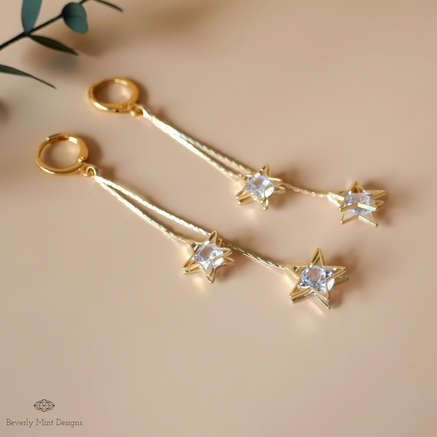 18K Gold Dangle Earrings with Crystal Stars, Hollow Star Earrings, Star Drop earrings, Cubic zirconia Drop Earrings, Gold Star Earrings