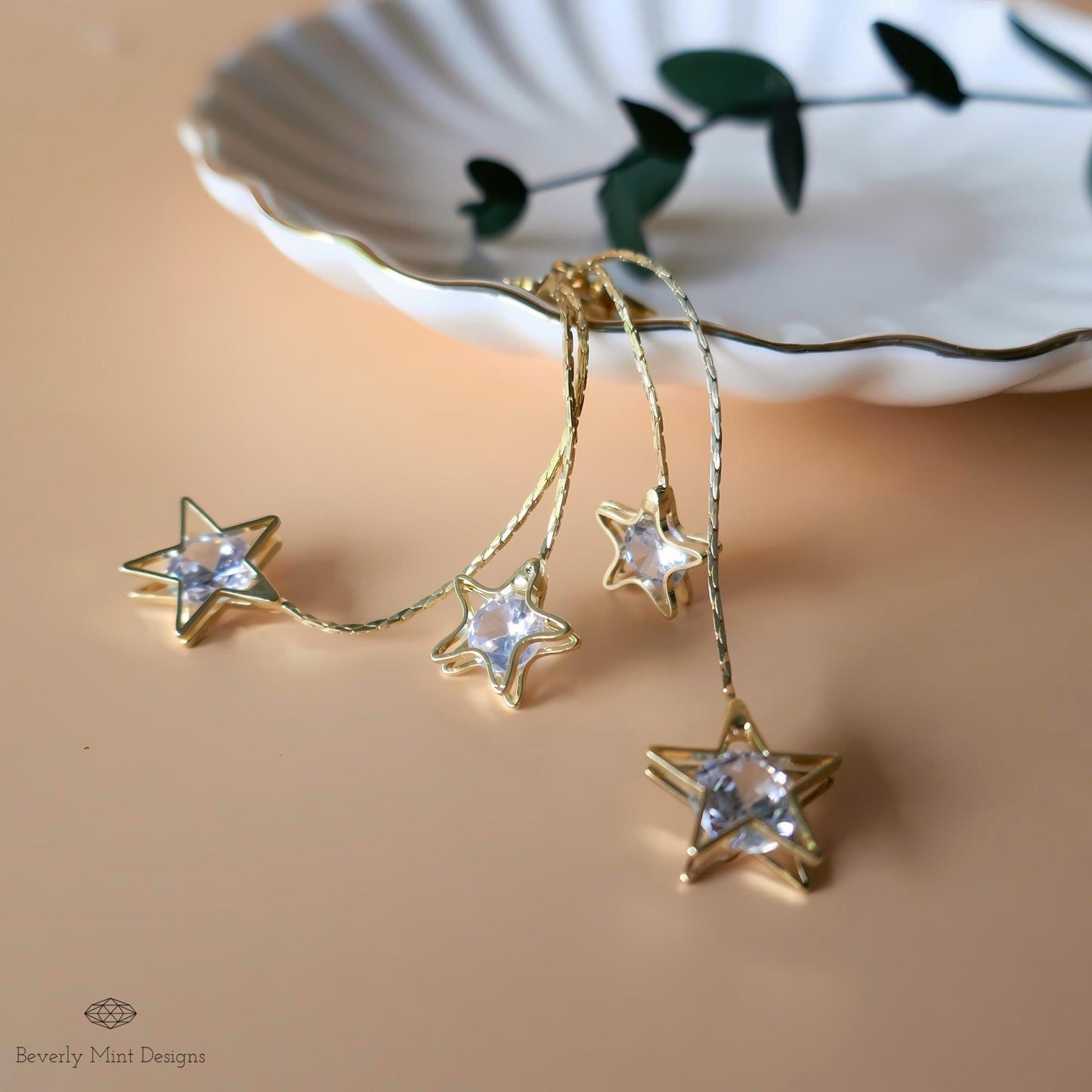 18K Gold Dangle Earrings with Crystal Stars, Hollow Star Earrings, Star Drop earrings, Cubic zirconia Drop Earrings, Gold Star Earrings