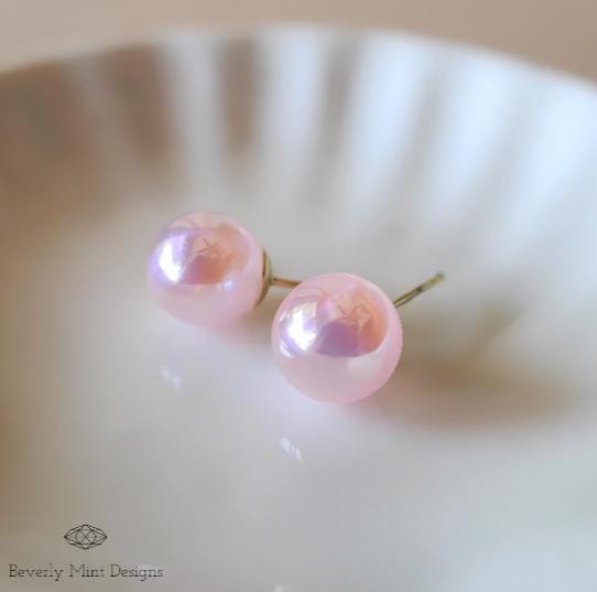 Small Pink Pearl Stud Earrings 3/8 inch (10mm), Faux Pearls Minimalist Earrings, Simple Earrings, Gift For Her