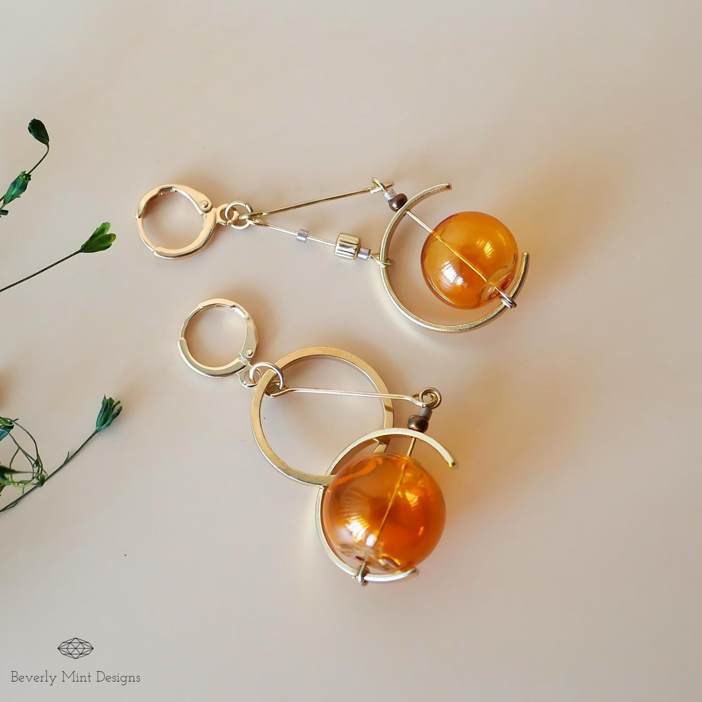18K Gold Earrings Orange Earrings Glass Ball Dangle Earrings, Asymmetric Earrings Dangling, Orange Yellow Dangle Earrings, Long Earrings