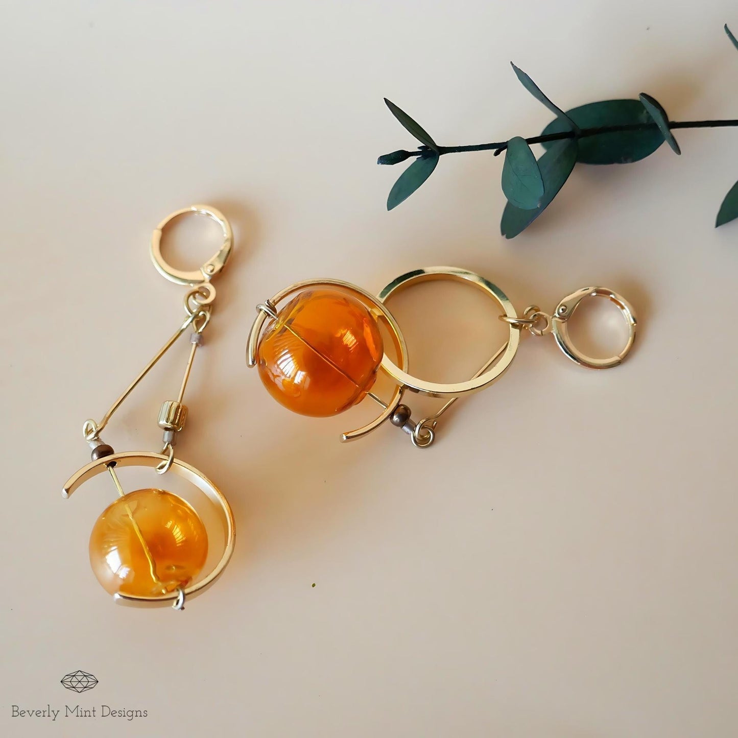 18K Gold Earrings Orange Earrings Glass Ball Dangle Earrings, Asymmetric Earrings Dangling, Orange Yellow Dangle Earrings, Long Earrings