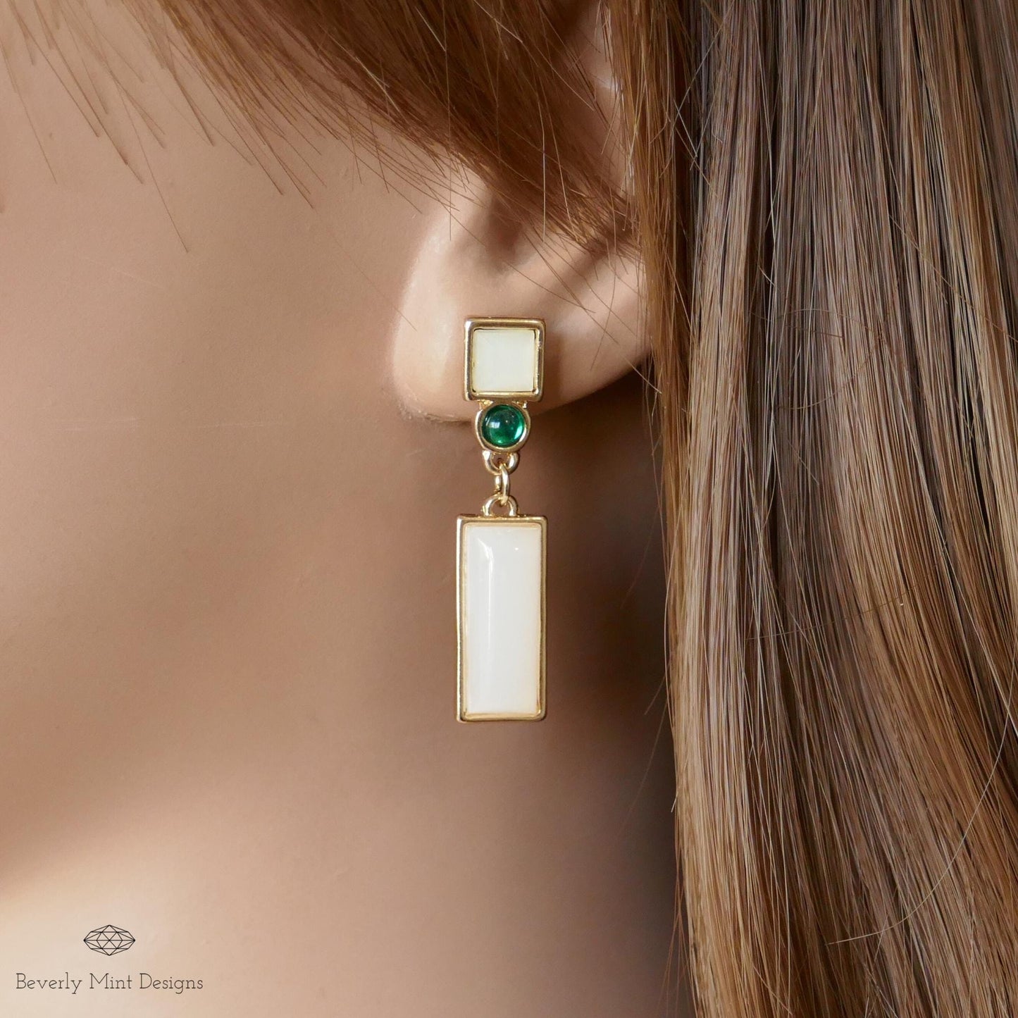 Geometric Earrings with Green Stones , Vintage Style Earrings Dangle and Drop Earrings, Green Drop Earrings, Gift For Her