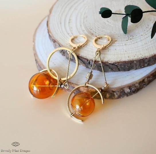 18K Gold Earrings Orange Earrings Glass Ball Dangle Earrings, Asymmetric Earrings Dangling, Orange Yellow Dangle Earrings, Long Earrings