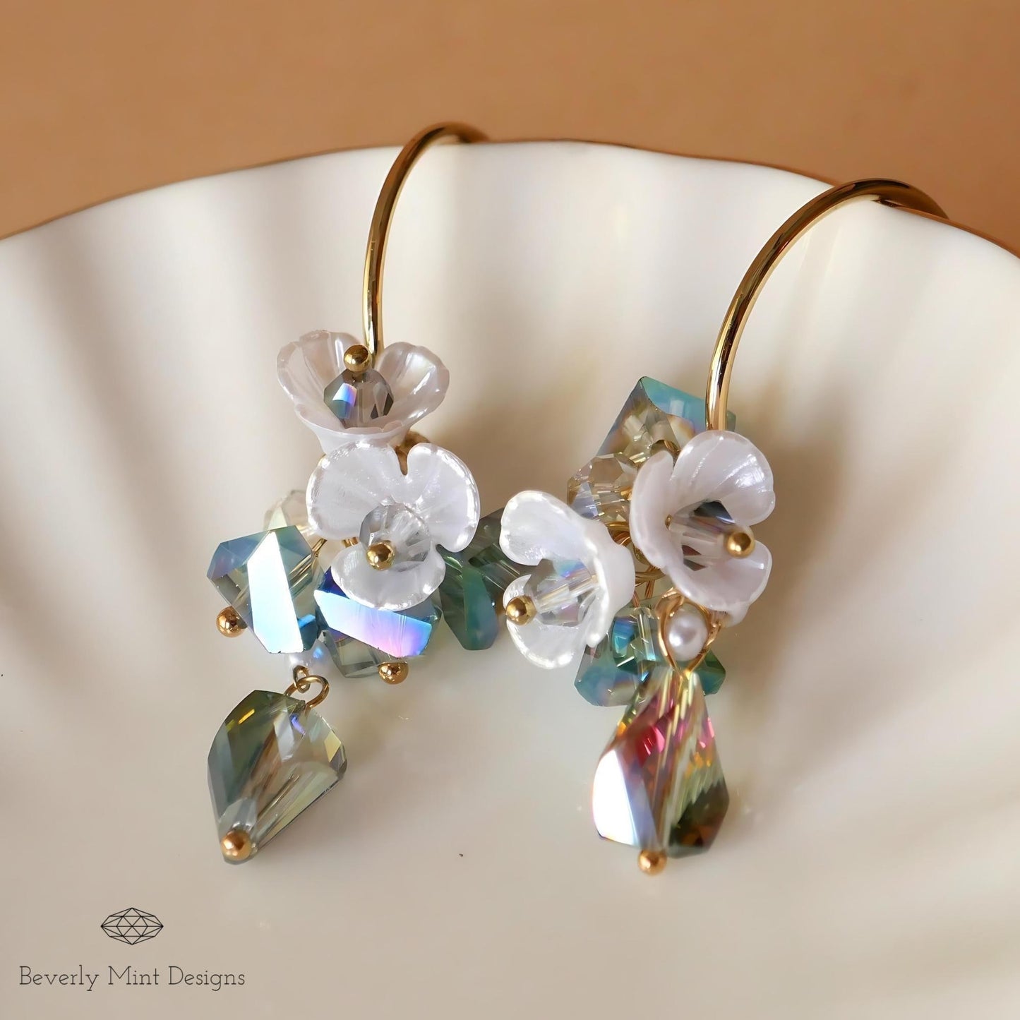 Dangle Flower Earrings , Pearly Floral Earrings, Green Beads Earrings, Gift For Her