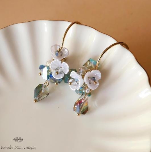 Dangle Flower Earrings , Pearly Floral Earrings, Green Beads Earrings, Gift For Her