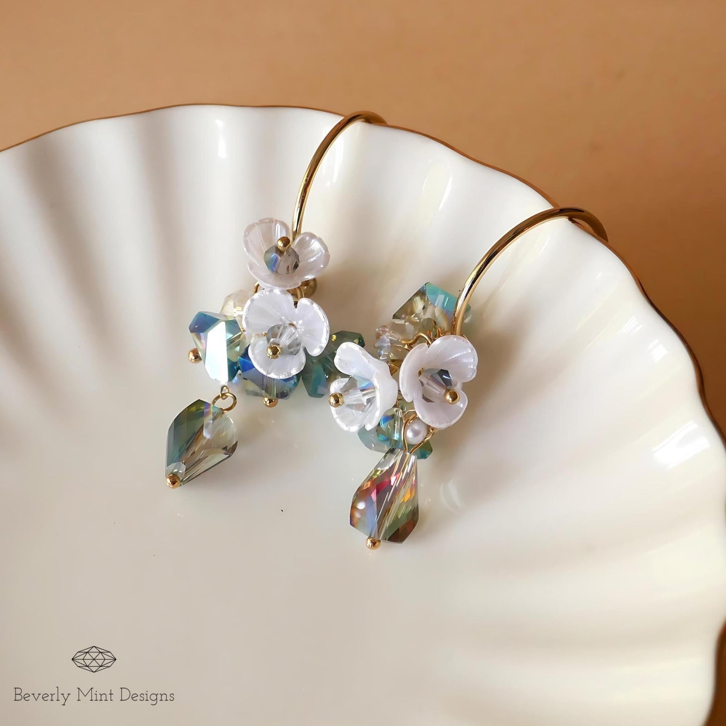 Dangle Flower Earrings , Pearly Floral Earrings, Green Beads Earrings, Gift For Her