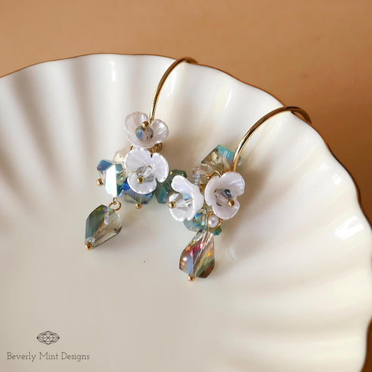 Dangle Flower Earrings , Pearly Floral Earrings, Green Beads Earrings, Gift For Her