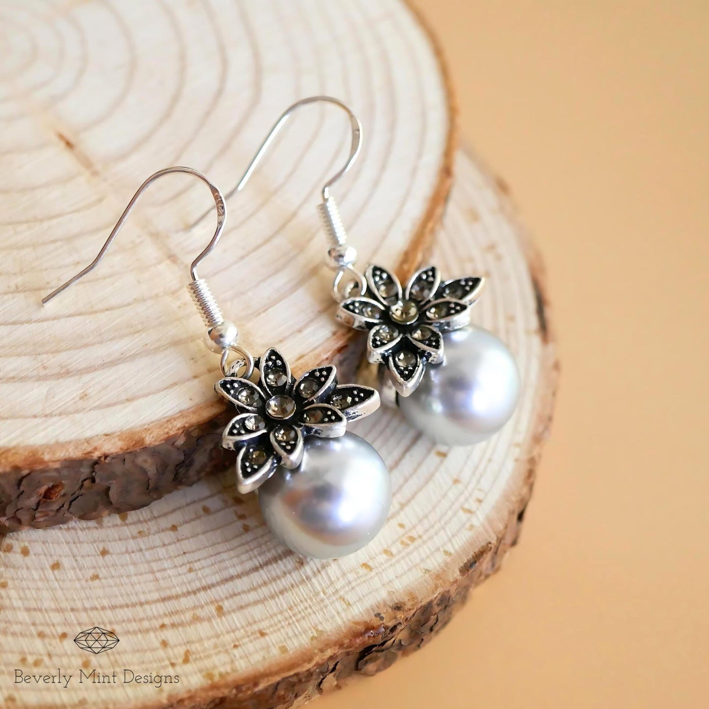 Retro Pearl Earrings, Gray Pearl Drop Earrings, 925 Sterling Silver, Grey Vintage Large Pearl Dangle Earrings, Wedding
