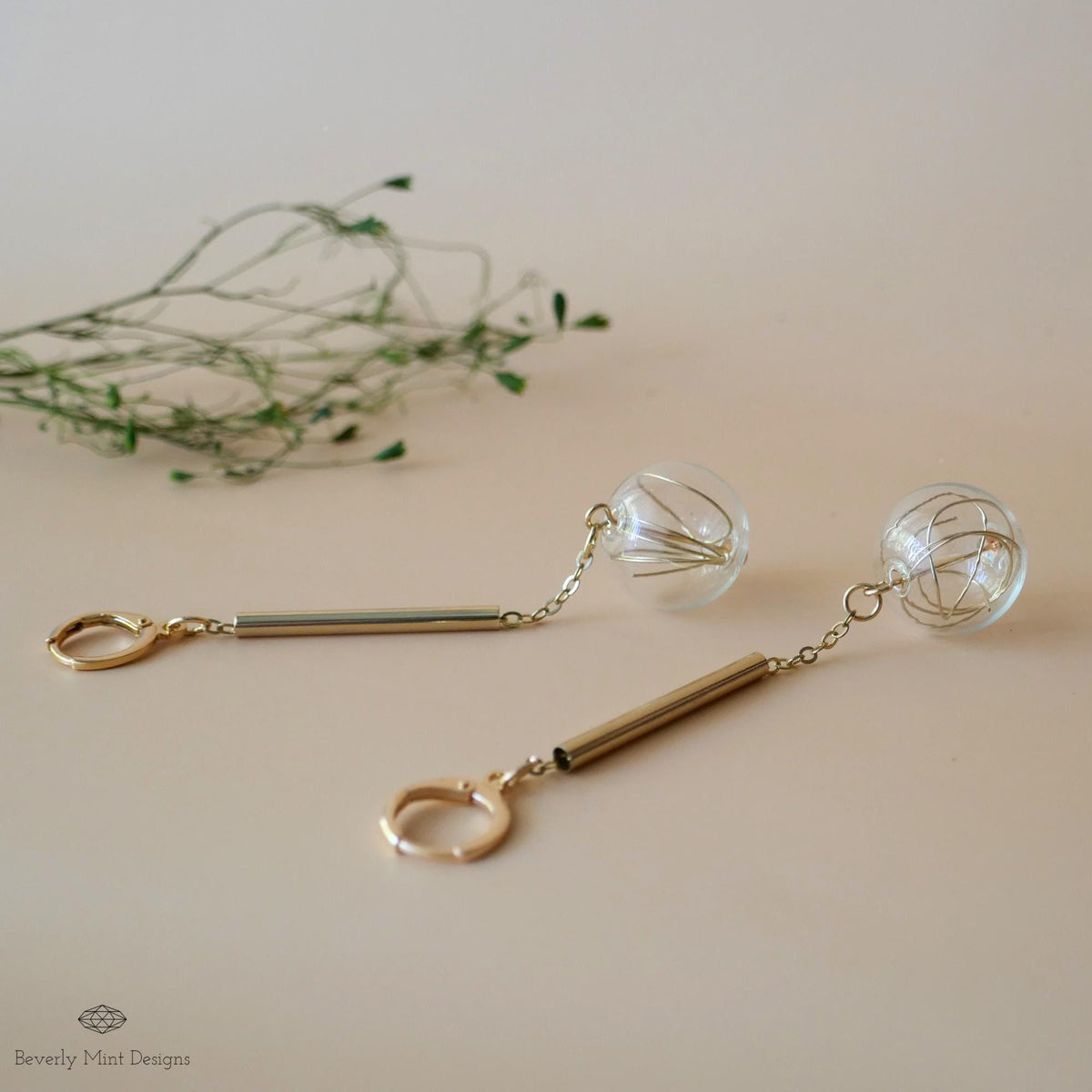 18K Gold Dangle Earrings, Unique Glass Bubble Earrings, Asymmetrical Modern Earrings, Large Earrings, Dangle and Drop Earrings, Gift For Her