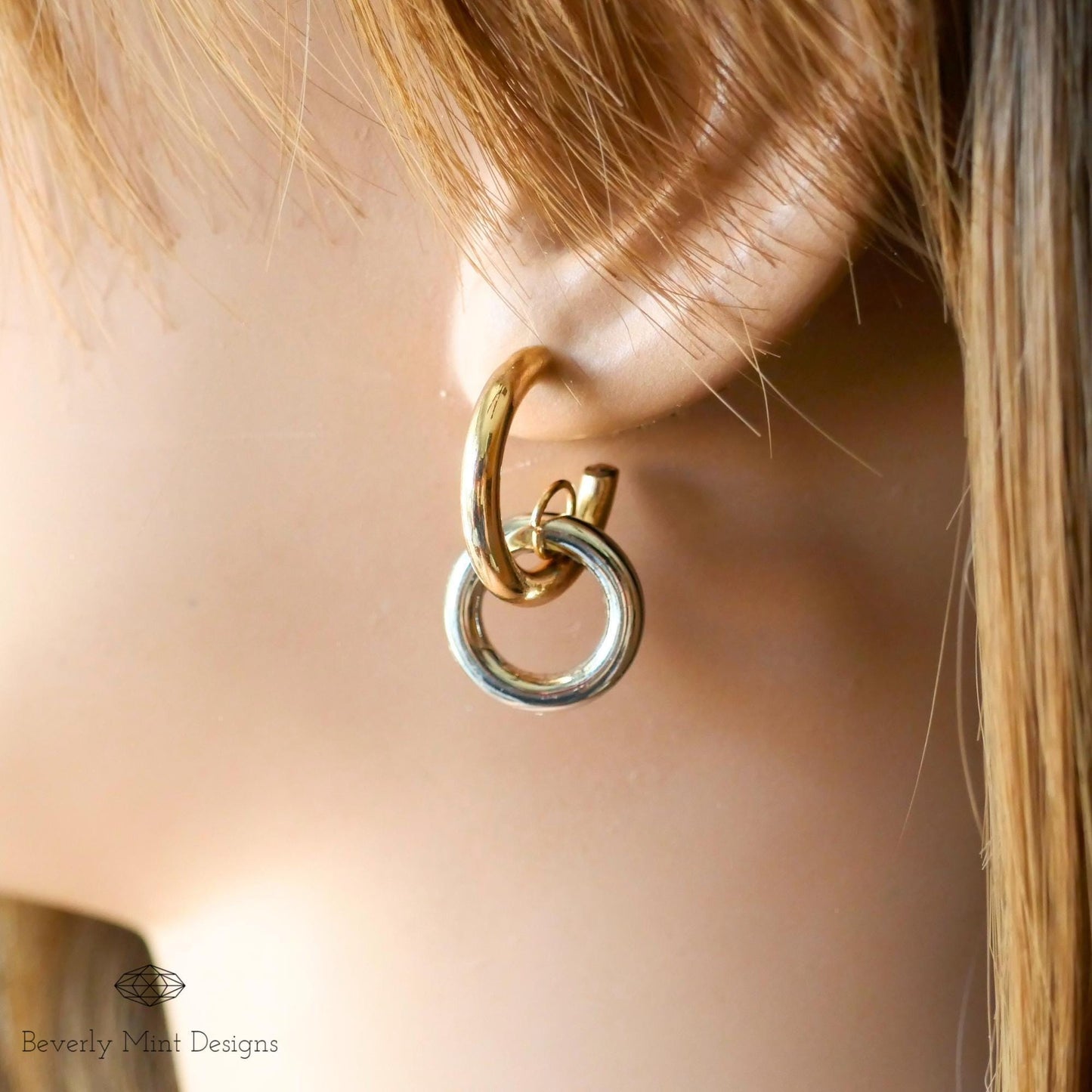 Gold and Silver Double Hoop Earrings , Minimalist Chunky link Earrings , Bold Fashion Earrings , Gift for Her, Gift For Her