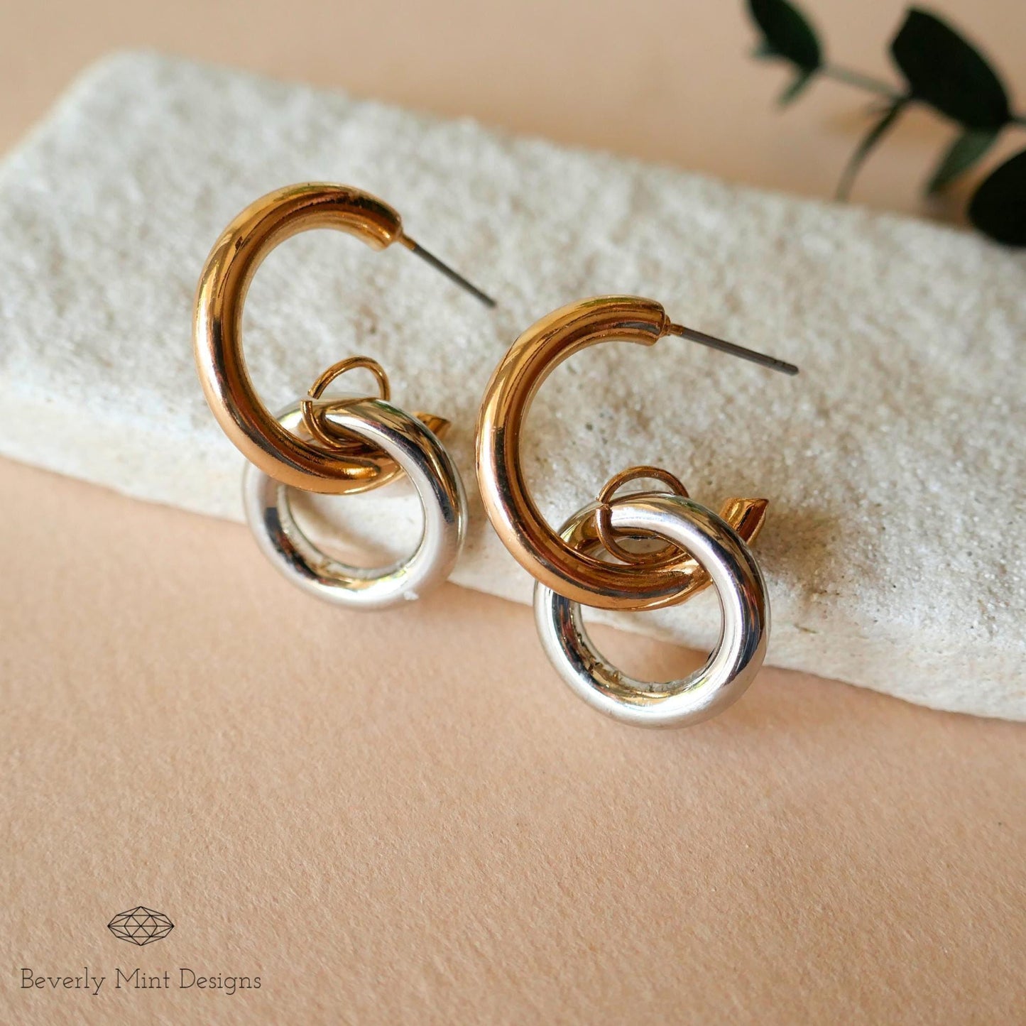 Gold and Silver Double Hoop Earrings , Minimalist Chunky link Earrings , Bold Fashion Earrings , Gift for Her, Gift For Her