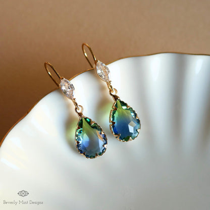 Blue and Green Teardrop Crystal Earrings, Blue Ombre Gemstone Drop Earrings, Elegant Teardrop Earrings with Cubic Zirconia Marquise Crystal