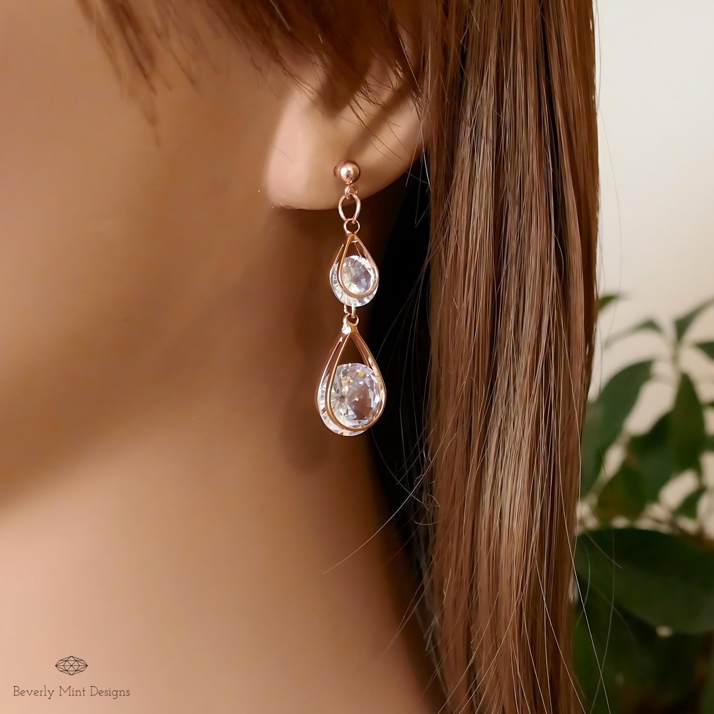 Rose Gold Dangle Earrings, Rose Gold Stud Earrings, Waterdrop Earrings, Statement Earrings ,Bride Earrings, Cubic Zirconia, Gift For Her