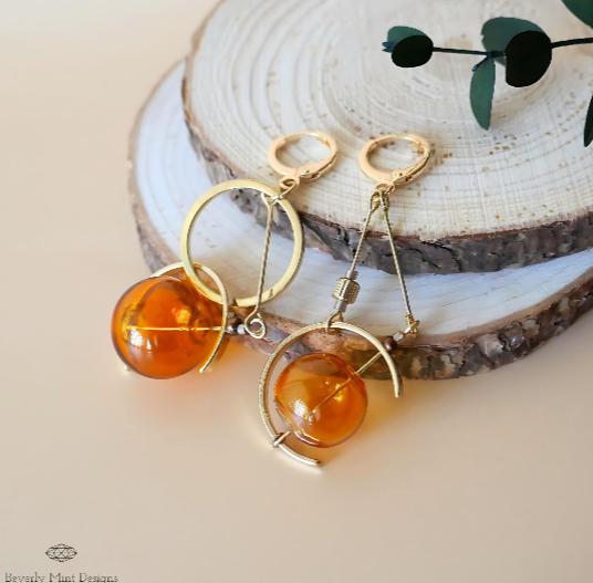 18K Gold Earrings, Bubble Glass Dangle Long Earrings, Yellow Fun Unique Earrings, Dangle & Drop Earrings, Unique Earrings, Gift For Her