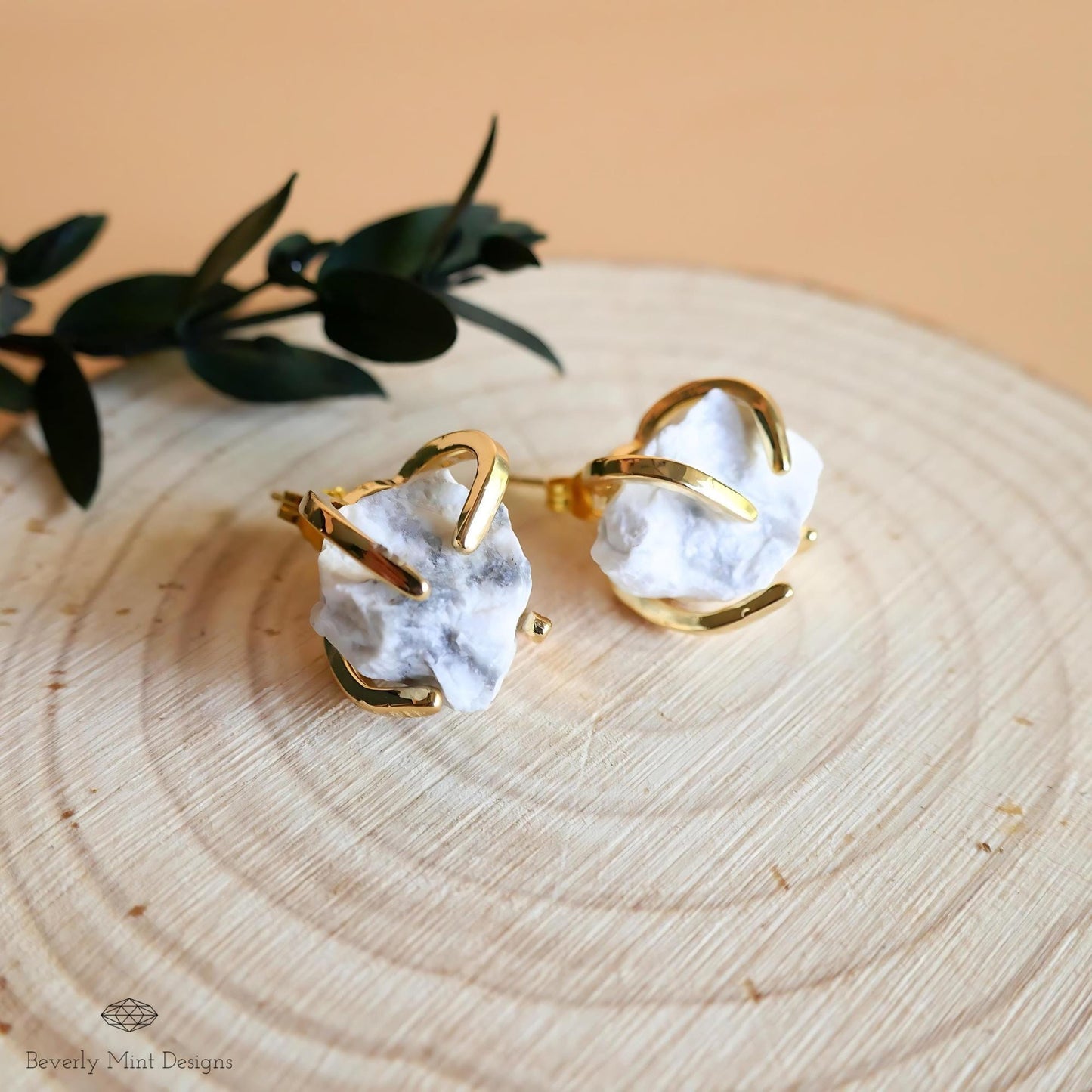 Black White Moonstone Stud Earrings with 18K Gold, White Stone Earrings, 1/2 -3/4 inches, Natural Raw Stone, Chakra Stones, Gift For Her