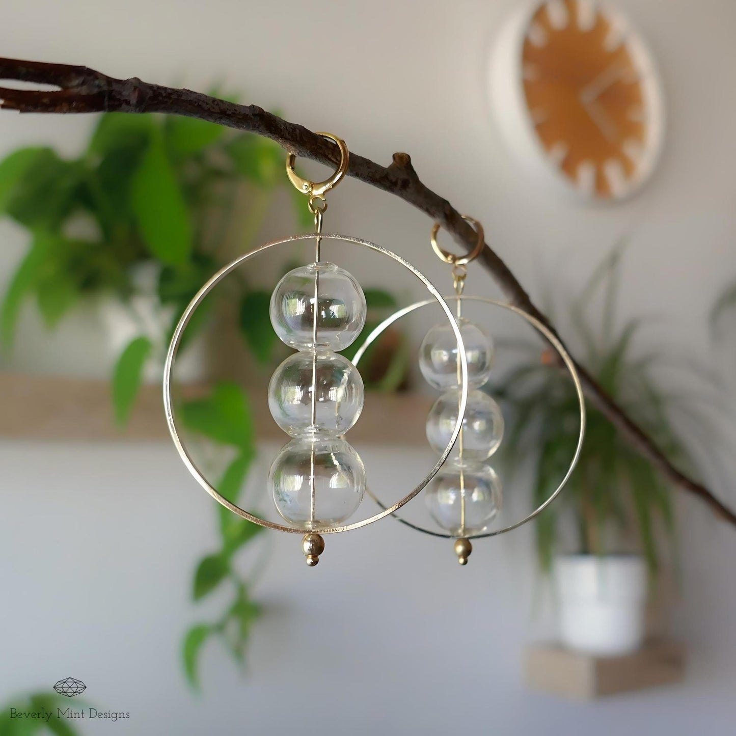 Clear Stacked Sphere Hoop Earring with 18K Gold , Unique Glass Bubble Ball Earrings, Modern Jewelry, Unique Dangle Earrings