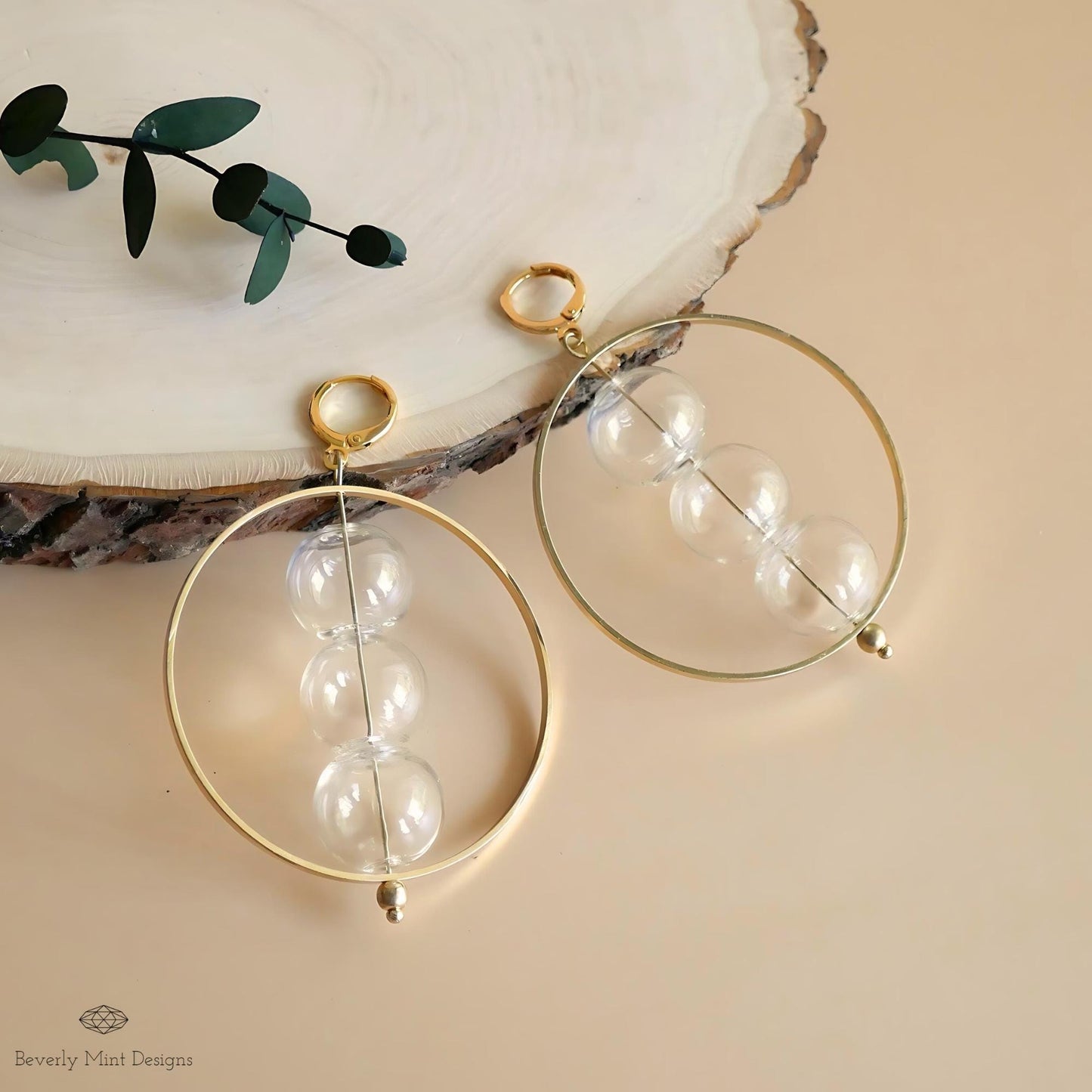 Clear Stacked Sphere Hoop Earring with 18K Gold , Unique Glass Bubble Ball Earrings, Modern Jewelry, Unique Dangle Earrings