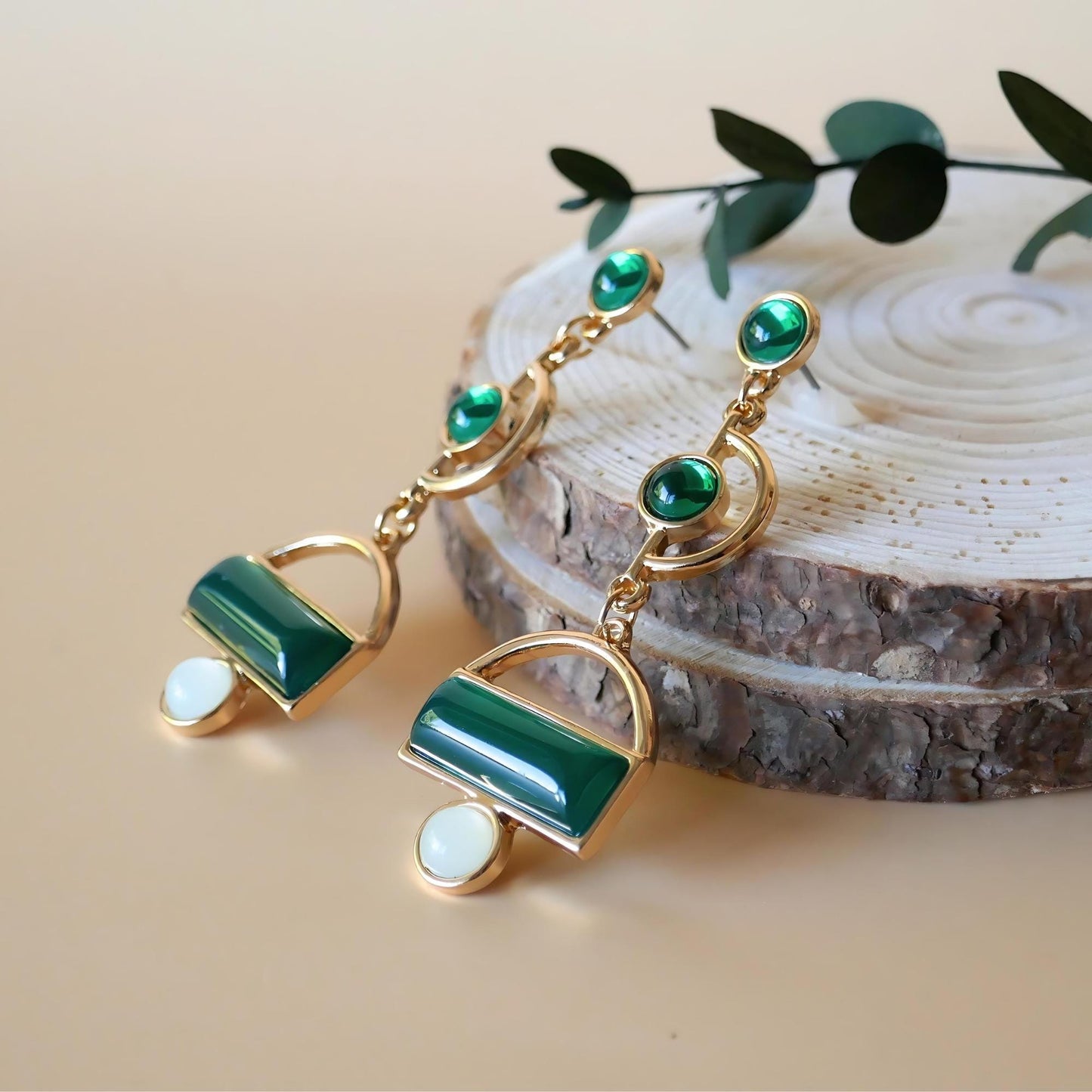 Vintage Style Earrings, Green Geometric Earrings, Dangle Earrings Green Drop Earrings, Unique Jewelry, Retro Earrings, Antique Jewelry