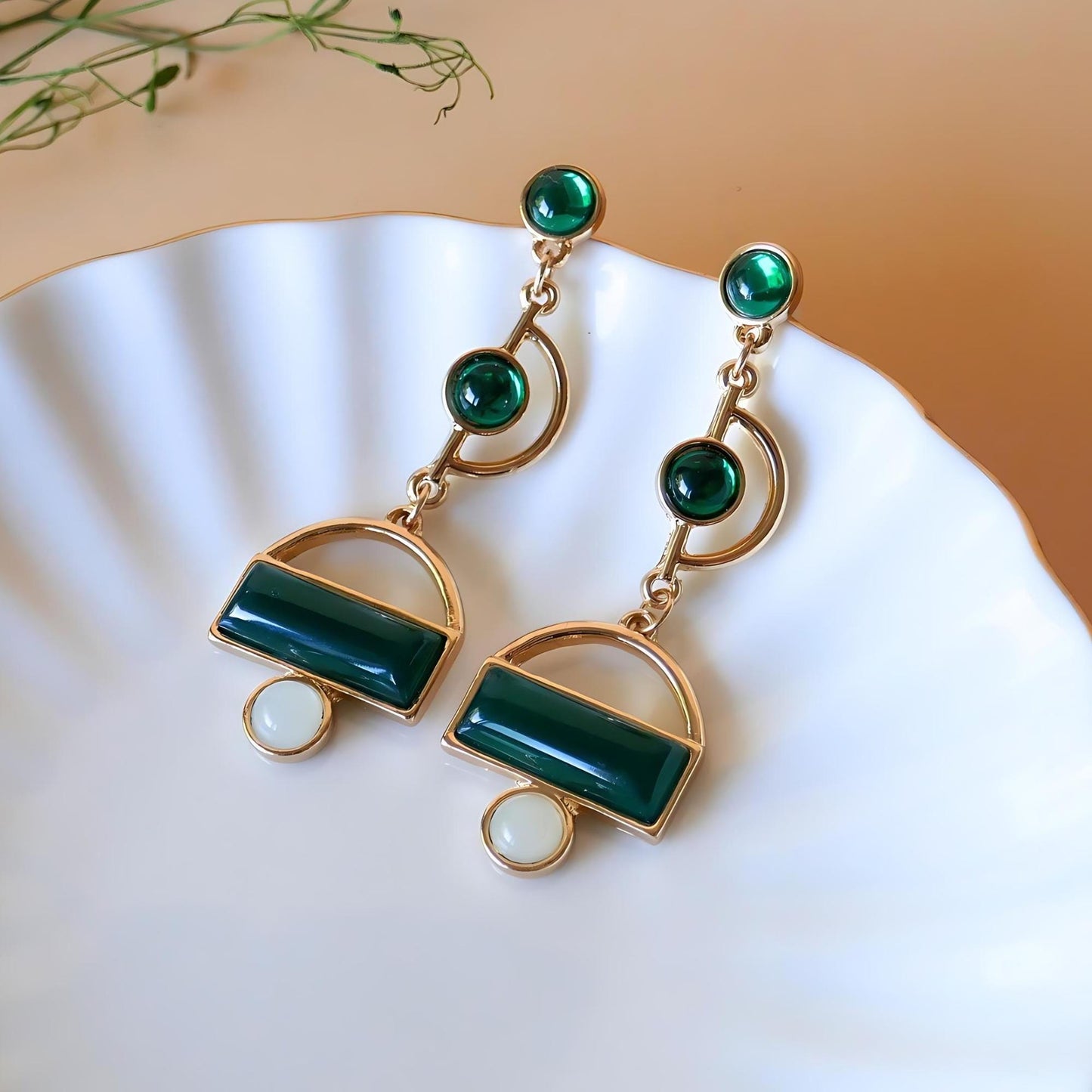 Vintage Style Earrings, Green Geometric Earrings, Dangle Earrings Green Drop Earrings, Unique Jewelry, Retro Earrings, Antique Jewelry