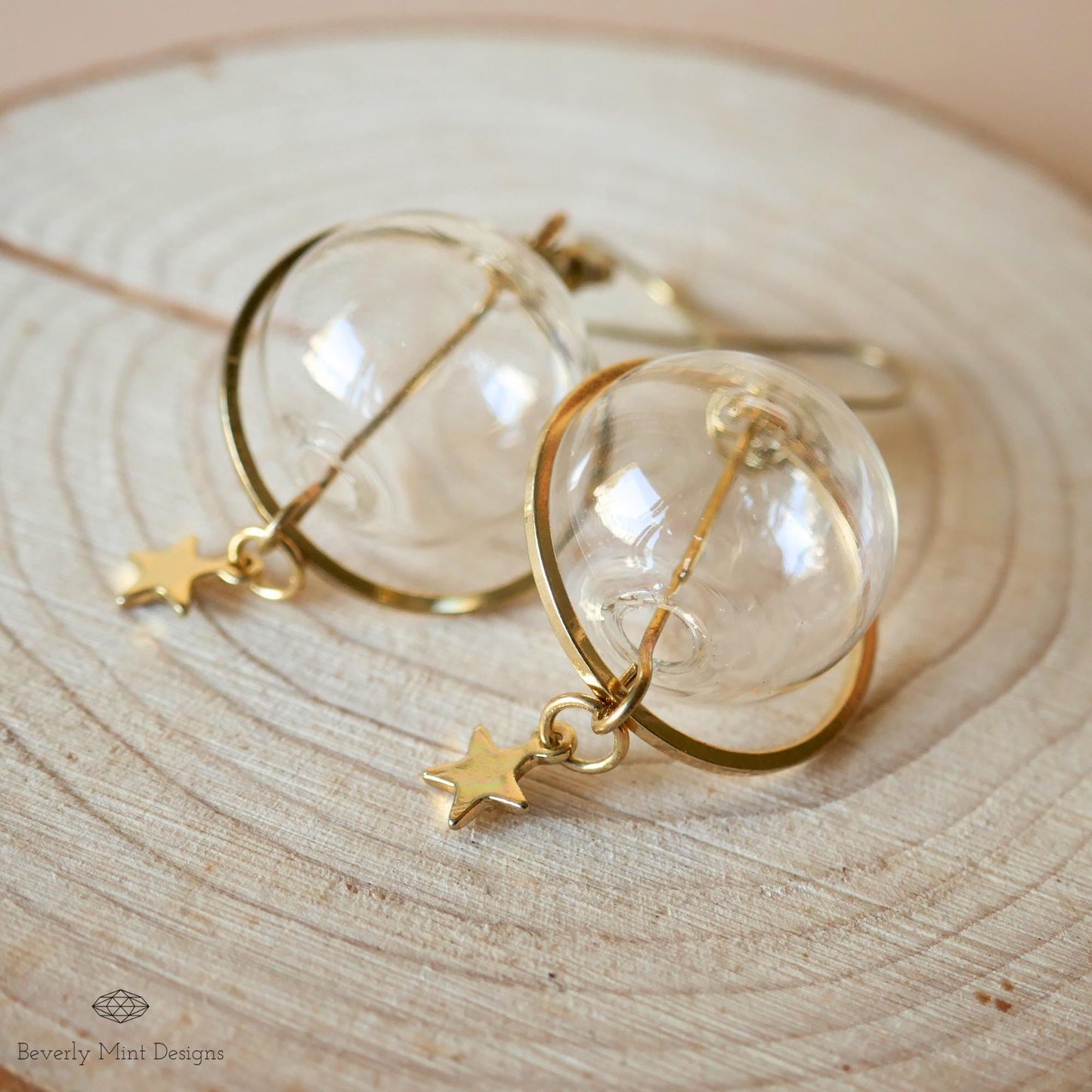 Unique Earrings, Bubble Dangle Earrings, Glass Ball Star Charm Earrings, Star Earrings, Dangle and Drop earrings, Long Earrings Gold, Gift