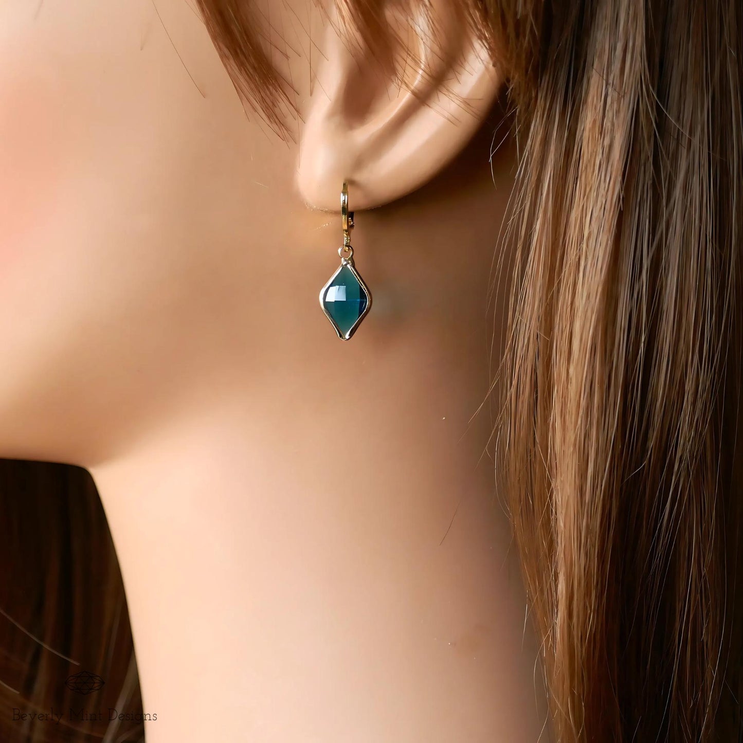 Gold Hoop Earrings with Blue Gemstone, Elegant Dangle Earrings, Minimalist Jewelry for Women, Gift For Her