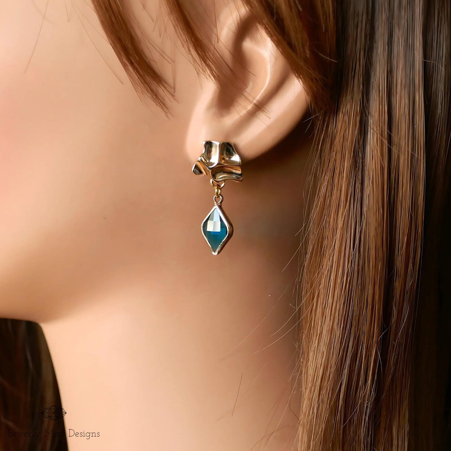 Gold Sculptural Earrings, Blue Gemstone Dangle Earrings, Modern Statement Jewelry for Women